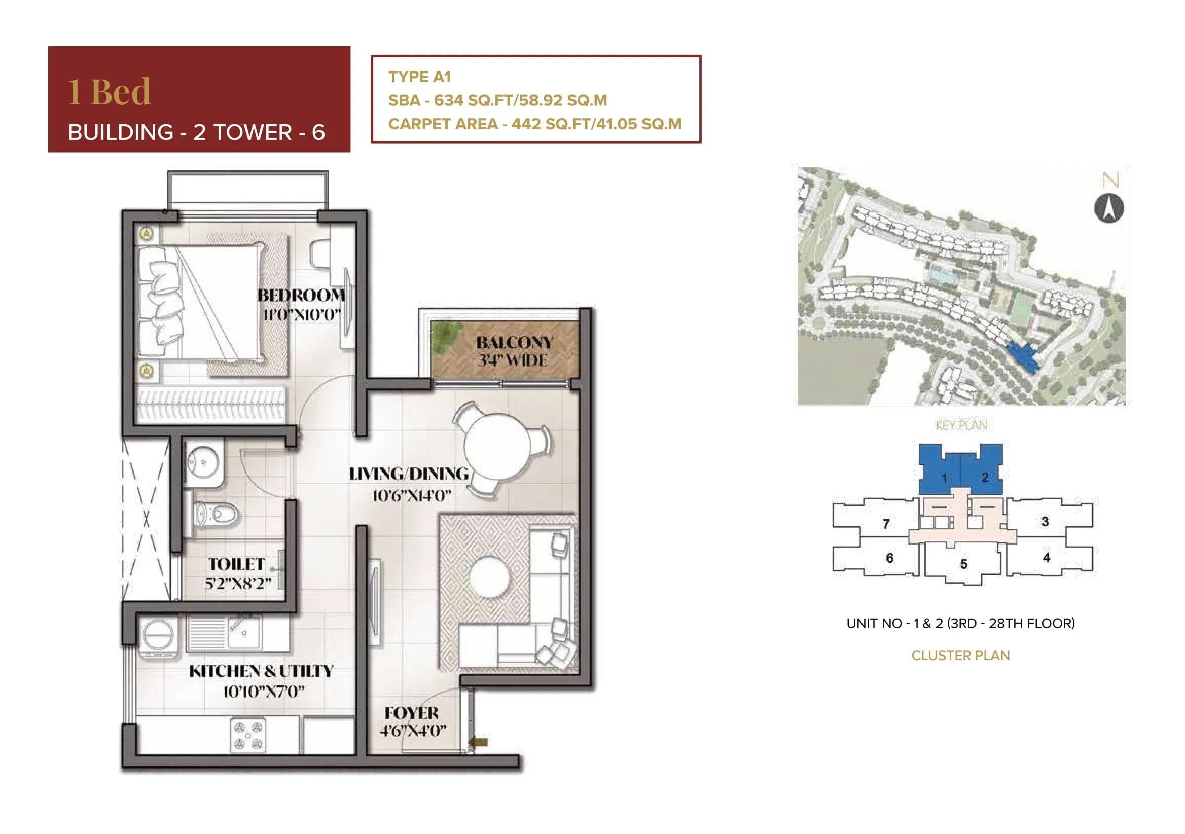 Prestige Eden Park 1 BHK 634 Floor Plan