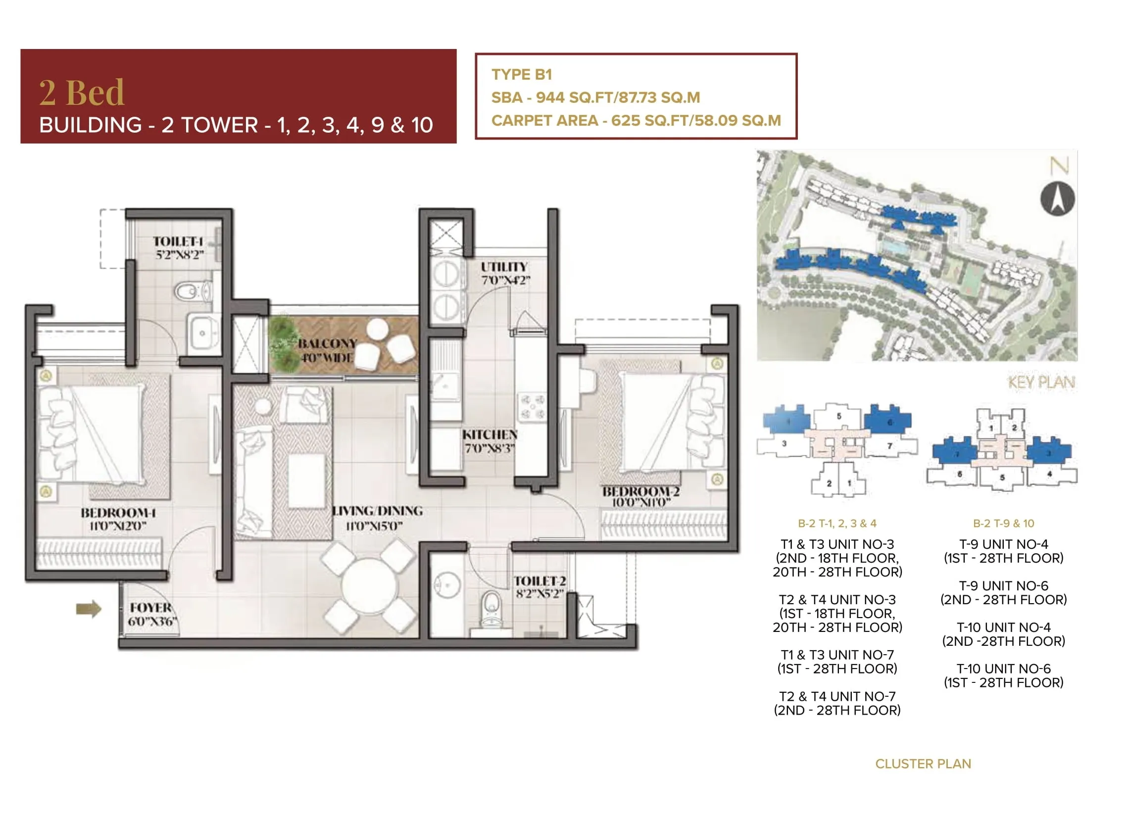 Prestige Eden Park 2 BHK 944 Floor Plan