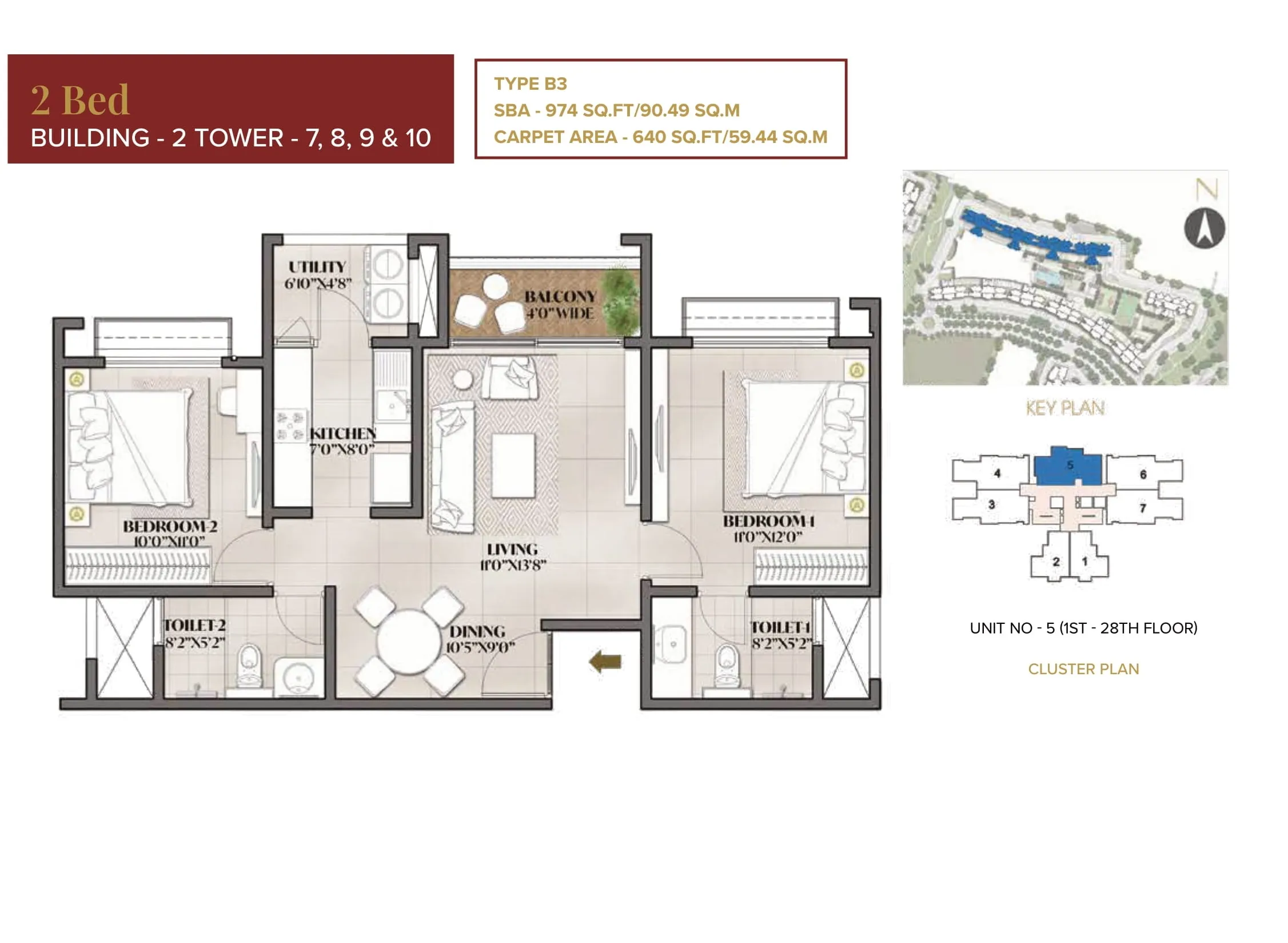 Prestige Eden Park 2 BHK 974 Floor Plan