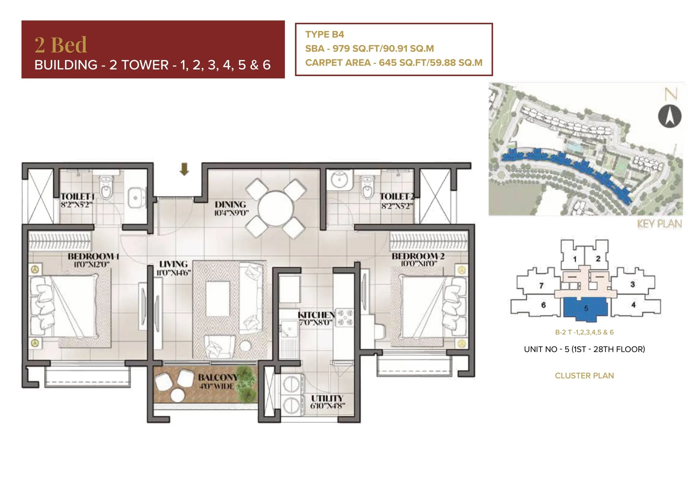 Prestige Eden Park 2 BHK 979 Floor Plan