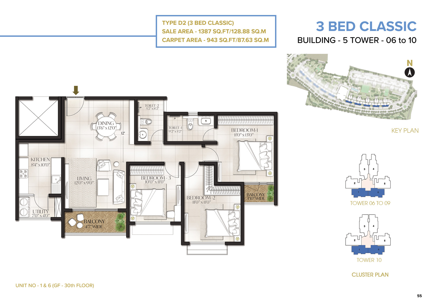 Prestige Sunnyvale 3 BHK 1387 Floor Plan